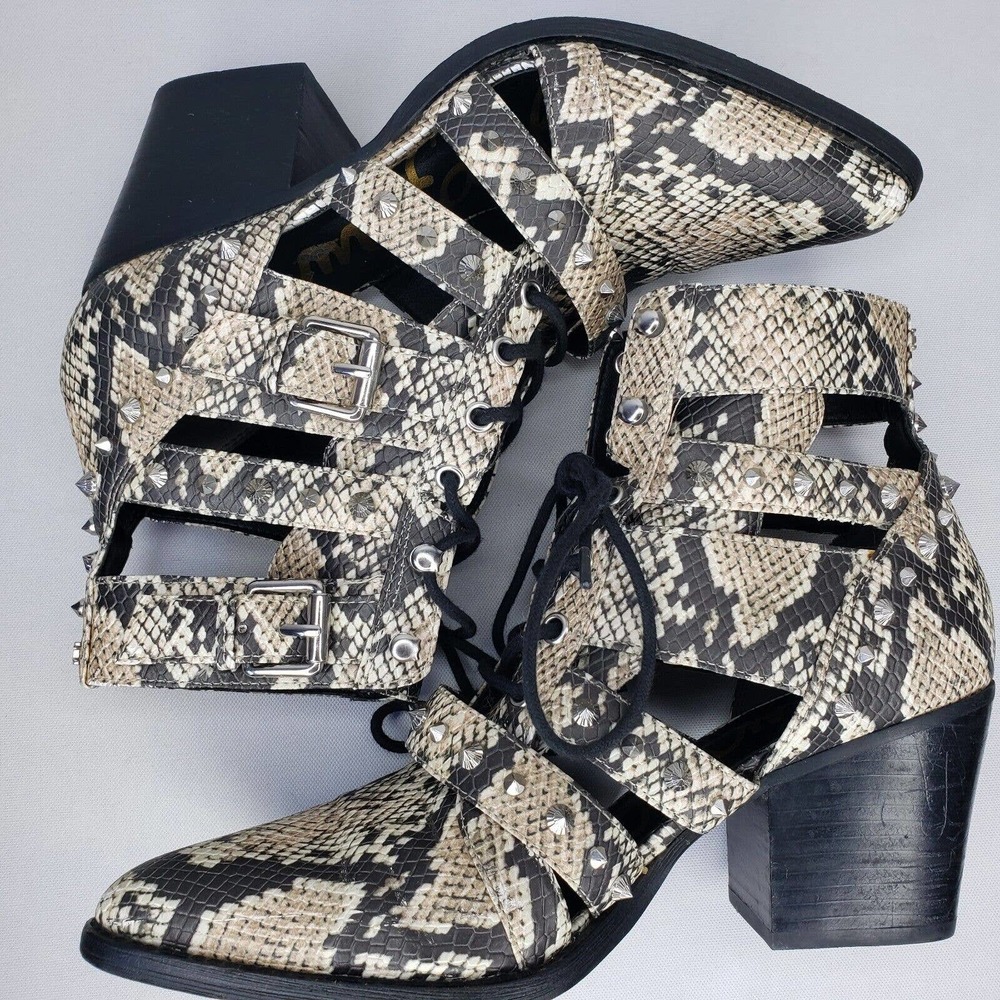 Sam Edelman Elana Boots Studded Snake Print Cagged Lace Up Heel Booties - Picture 14 of 14